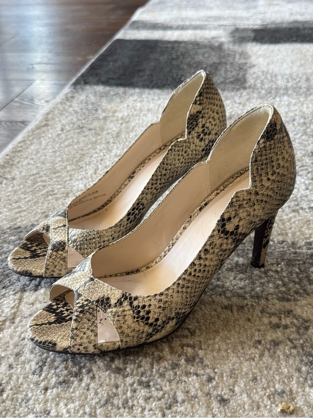 Cole Haan Snake-Print Peep Toe Heels in Beige and Blacke
